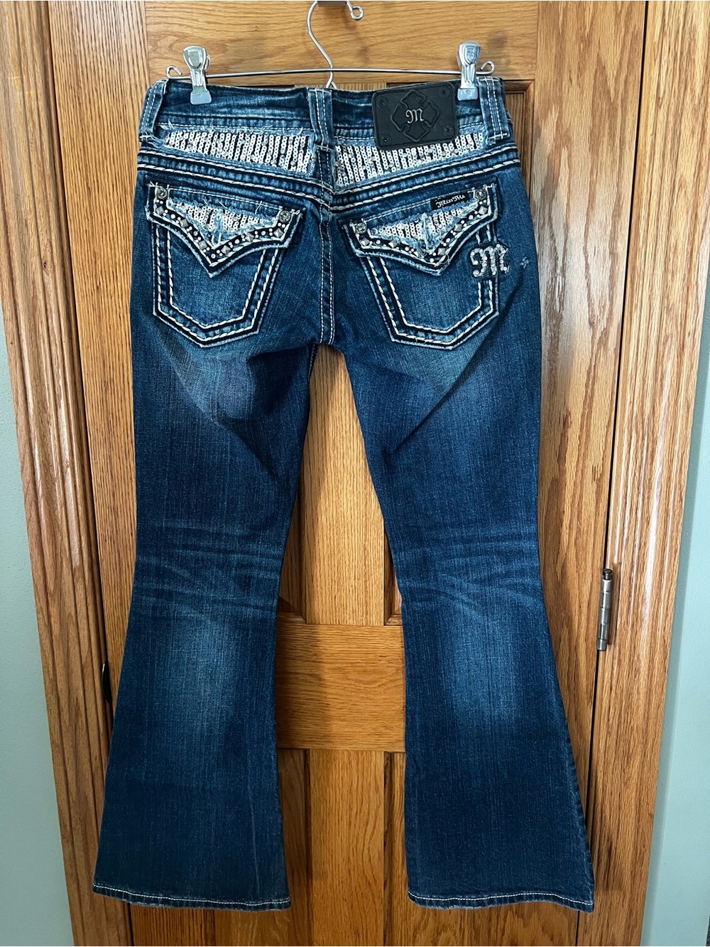 Miss Me Dark Blue Embellished Flare Jeans with Rhinestone Waistband